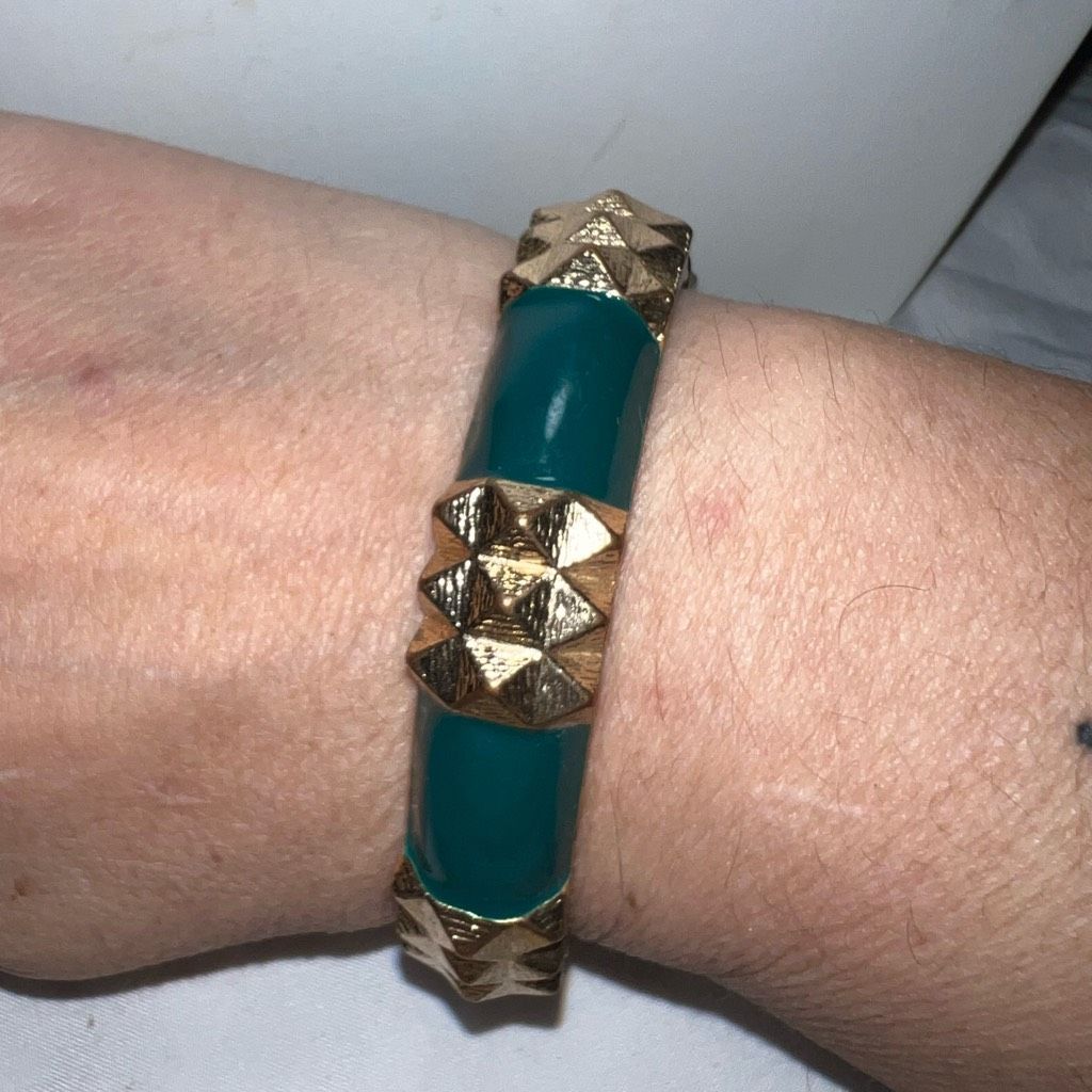 Vintage Mcm Gold Tone And Green Enameled Hinged Cuff